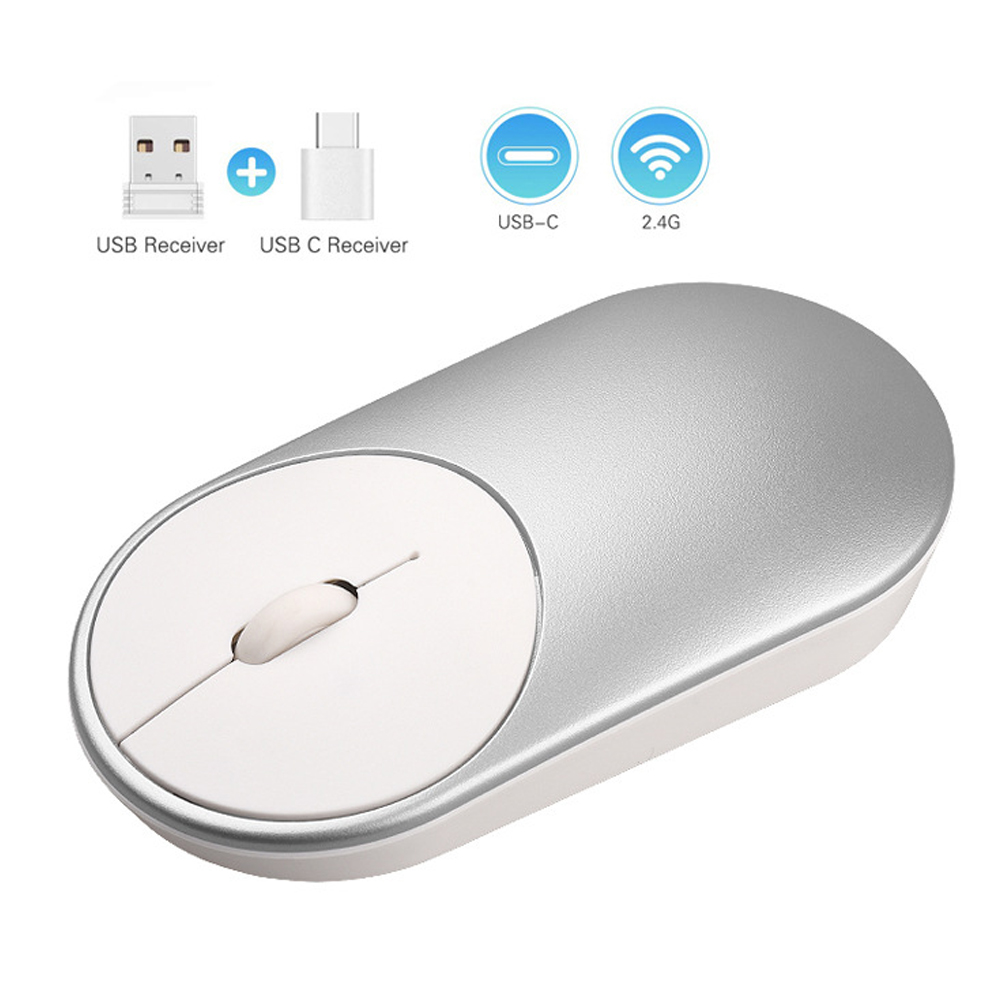 Eine silberne kabellose Maus mit weißer Oberseite. Enthält USB-Empfänger, USB-C-Empfänger, USB-C-Symbol und 2,4G-Symbol.