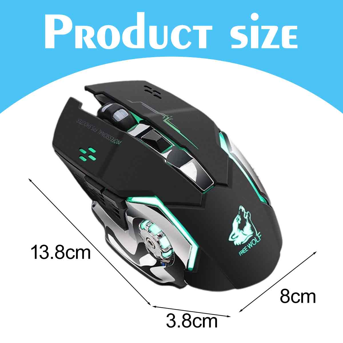 Schwarze und silberne Gaming-Maus mit grünen Akzenten. Abmessungen: 13,8 cm, 8 cm und 3,8 cm. Die Marke ist Free Wolf.