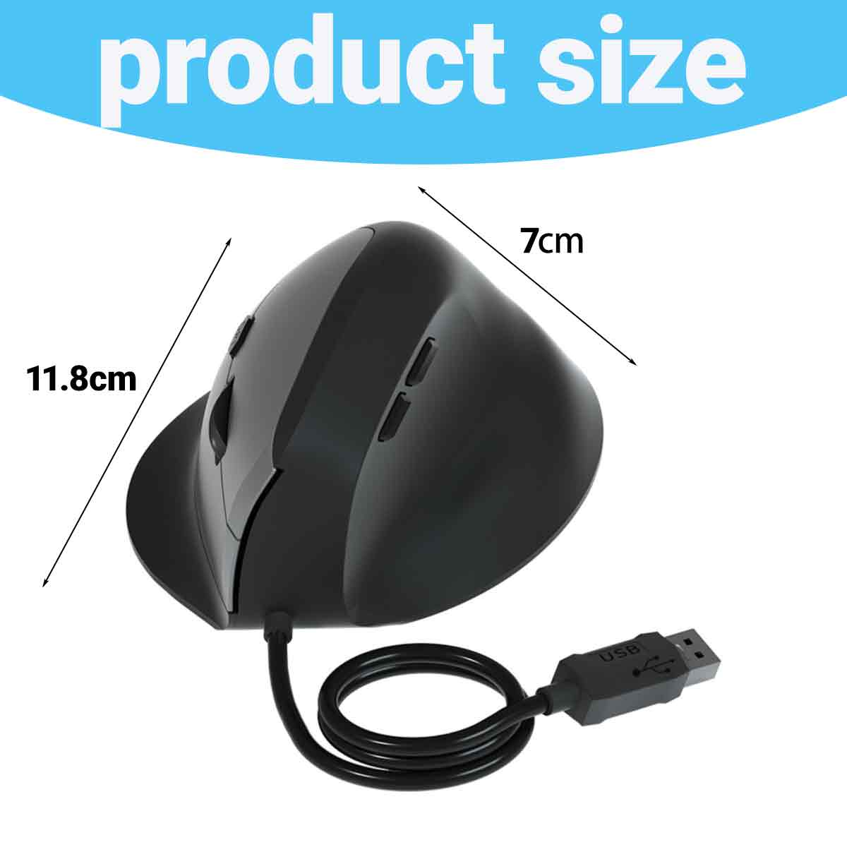 Eine schwarze ergonomische Maus mit den angegebenen Abmessungen: 11,8 cm und 7 cm. Sie hat einen USB-Anschluss.