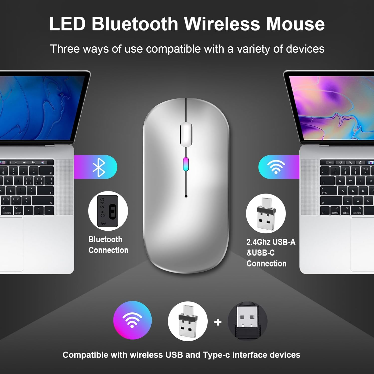 Eine silberne kabellose Maus mit einem Laptop auf jeder Seite, die Bluetooth- und USB-Verbindungen zeigt. Text bewirbt Kompatibilität.