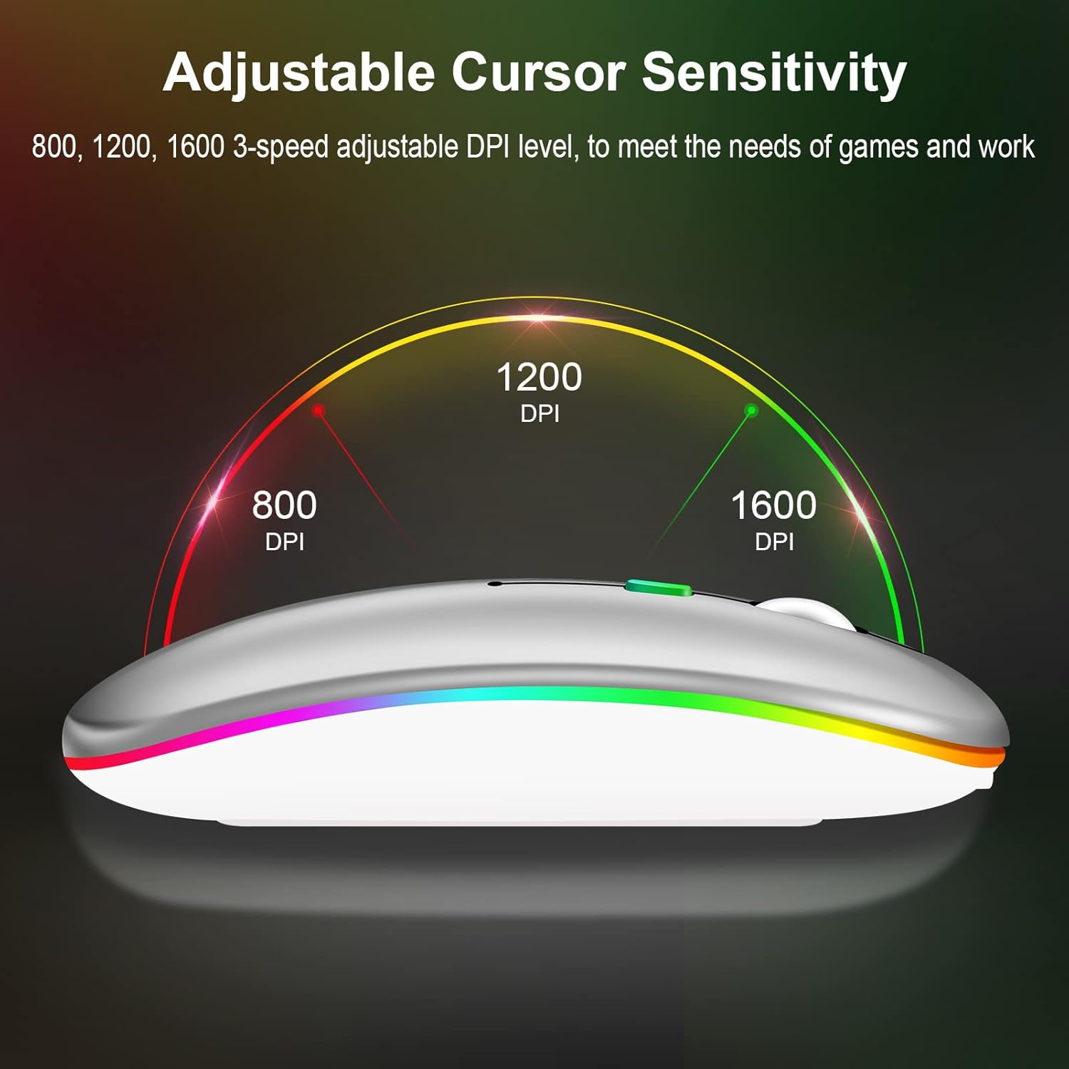Eine weiße und silberne Maus mit einem Regenbogenfarbstreifen. Text zeigt einstellbare DPI-Werte: 800, 1200 und 1600.