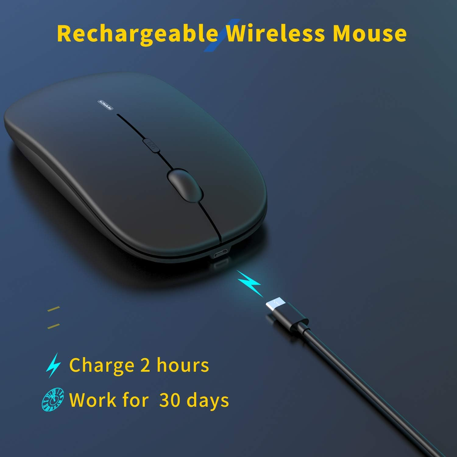 Schwarze kabellose Maus mit Ladekabel. Text sagt: '2 Stunden aufladen, 30 Tage arbeiten'.