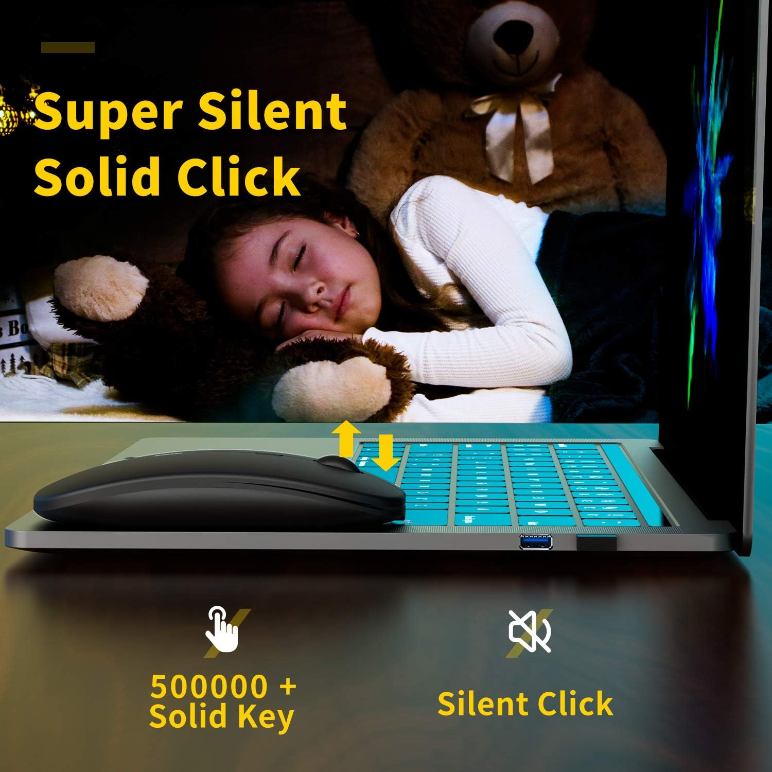 Ein Laptop mit Maus. Ein Mädchen schläft mit einem Teddybären. Die Tastatur ist beleuchtet. Der Text lautet 'Super Silent Solid Click'.