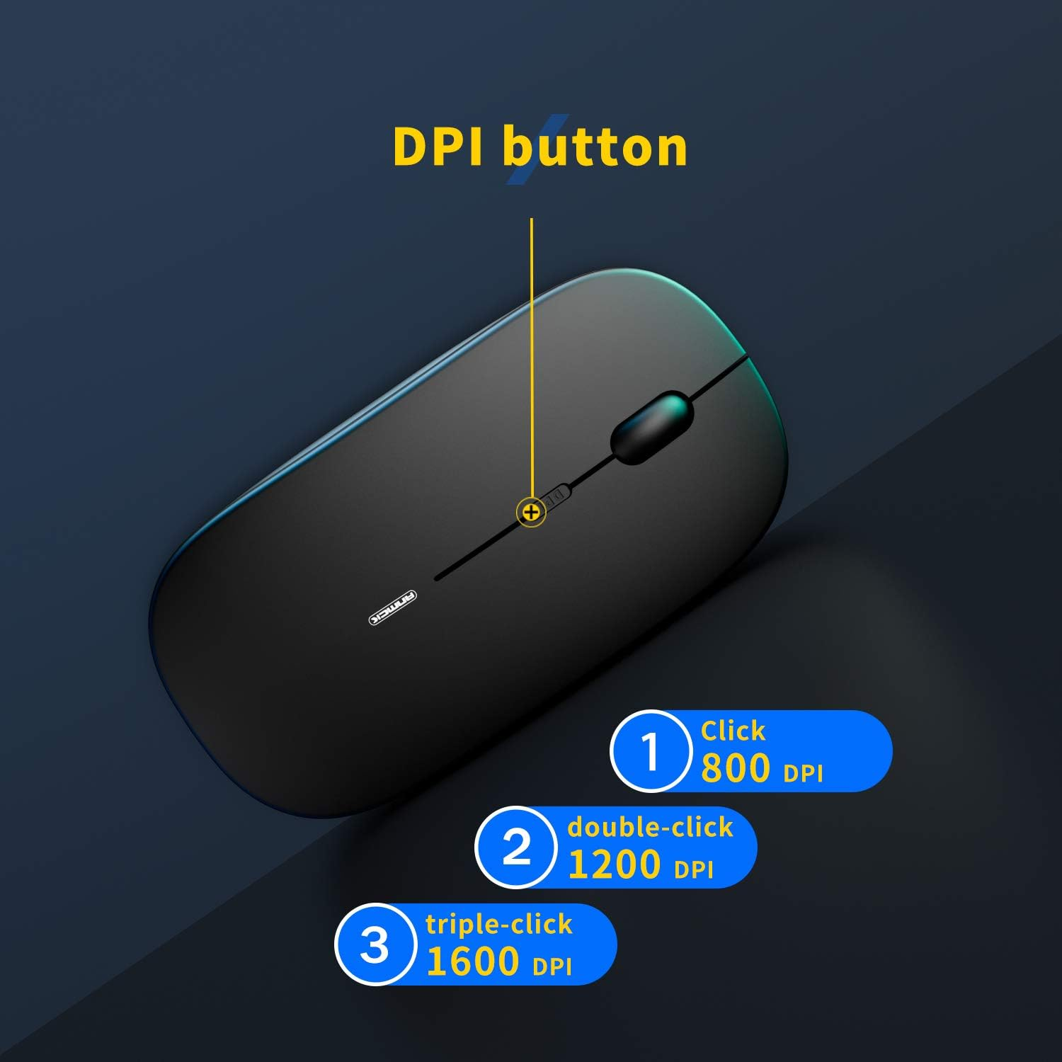 Eine schwarze kabellose Maus mit DPI-Taste, die Klick-, Doppel- und Dreifachklick-DPI-Einstellungen auf dunklem Hintergrund zeigt.