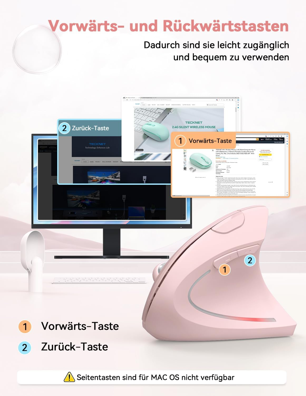 Eine rosa vertikale Maus mit Vorwärts- und Zurück-Tasten wird gezeigt. Ein Computermonitor zeigt Webseiten an. Text auf Deutsch ist ebenfalls vorhanden.