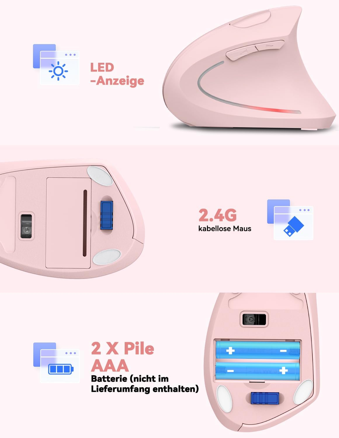 Gezeigt wird eine rosa ergonomische kabellose Maus mit hervorgehobenen Teilen, darunter Batteriefach und LED-Anzeigen.
