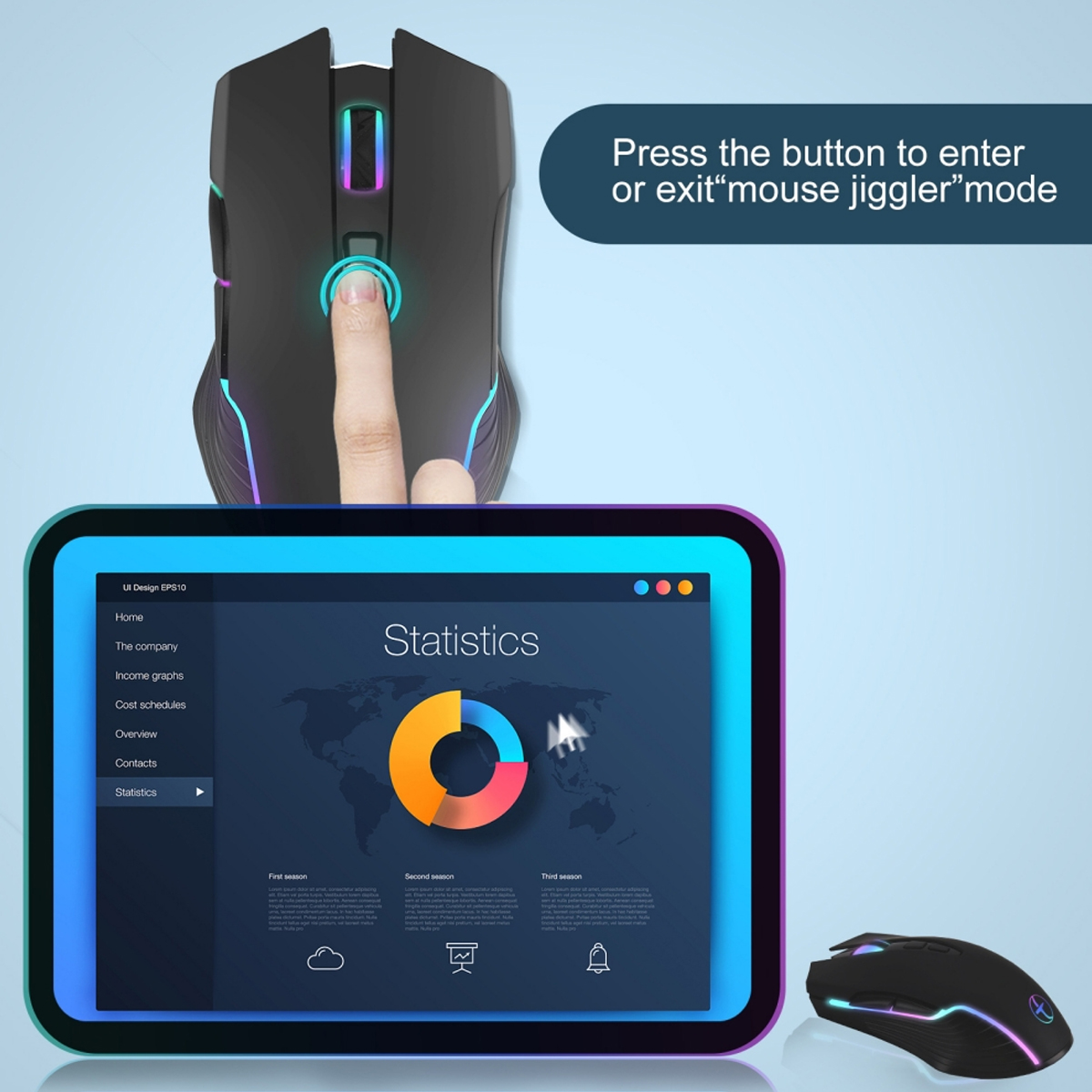 Eine schwarze Maus mit einem Finger, der eine Taste drückt. Ein Tablet zeigt Statistiken mit einem Kreisdiagramm. Eine weitere Maus ist rechts unten sichtbar.