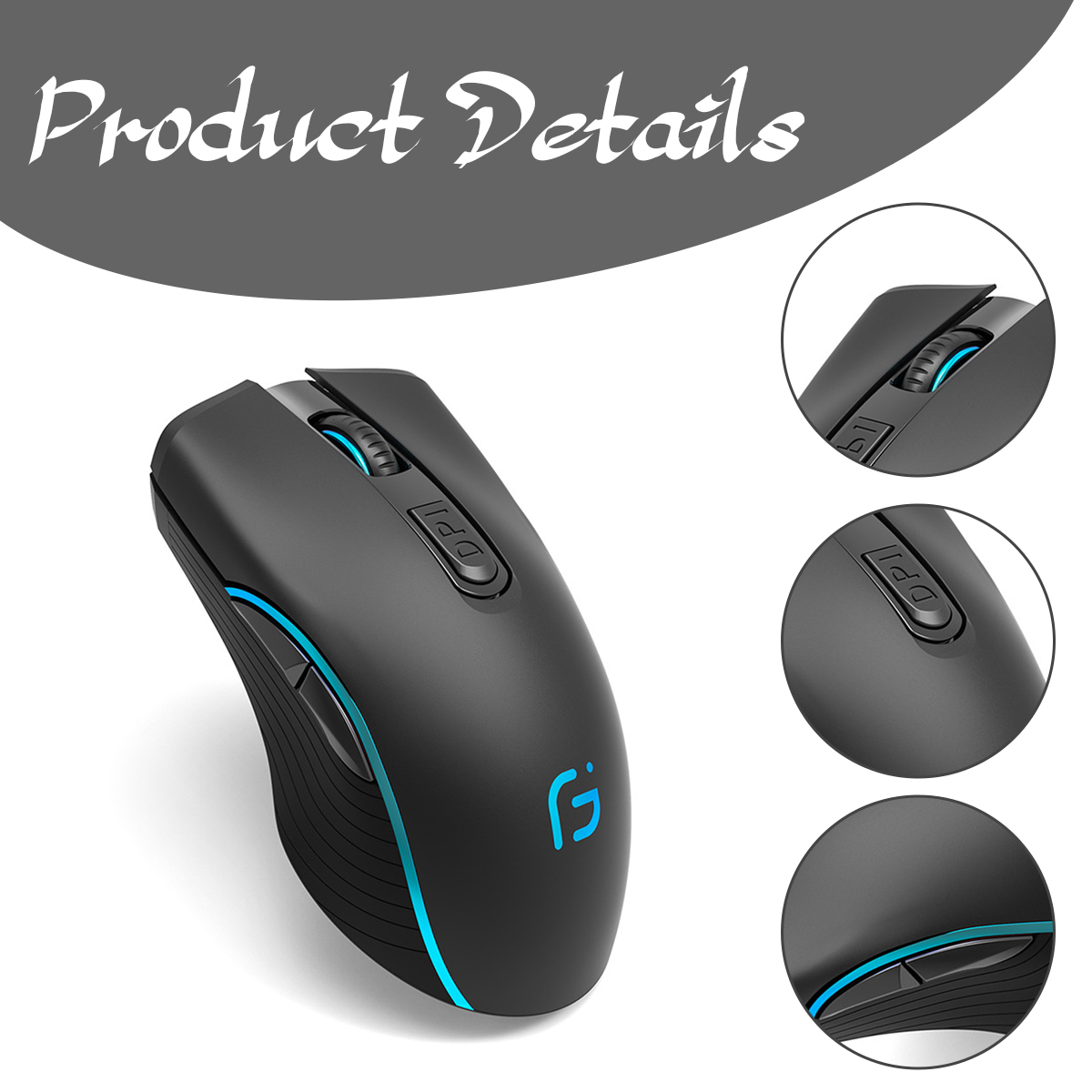 Eine schwarze, kabellose Maus mit blauen Akzenten. Details sind ein Scrollrad, eine DPI-Taste und ein Logo. Mehrere Detailaufnahmen sind gezeigt.