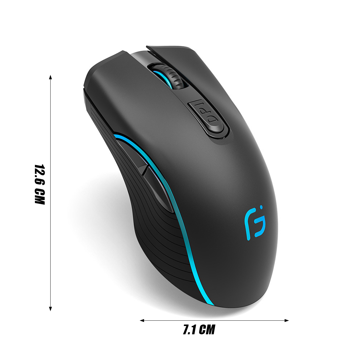 Schwarze Computermaus mit blauen Akzenten und einem Logo. Abmessungen sind 12,6 cm hoch und 7,1 cm breit. DPI-Taste sichtbar.
