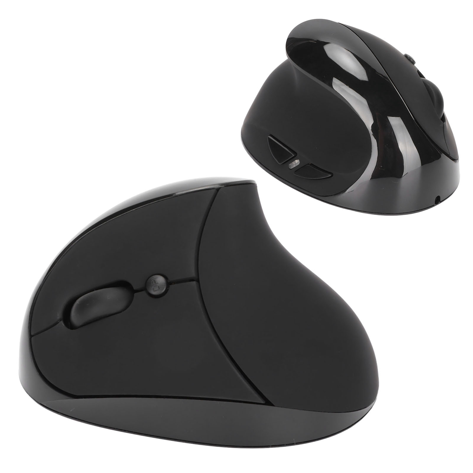 Zwei schwarze ergonomische Computermäuse auf weißem Hintergrund. Jede hat ein vertikales Design mit Tasten und einem Scrollrad.