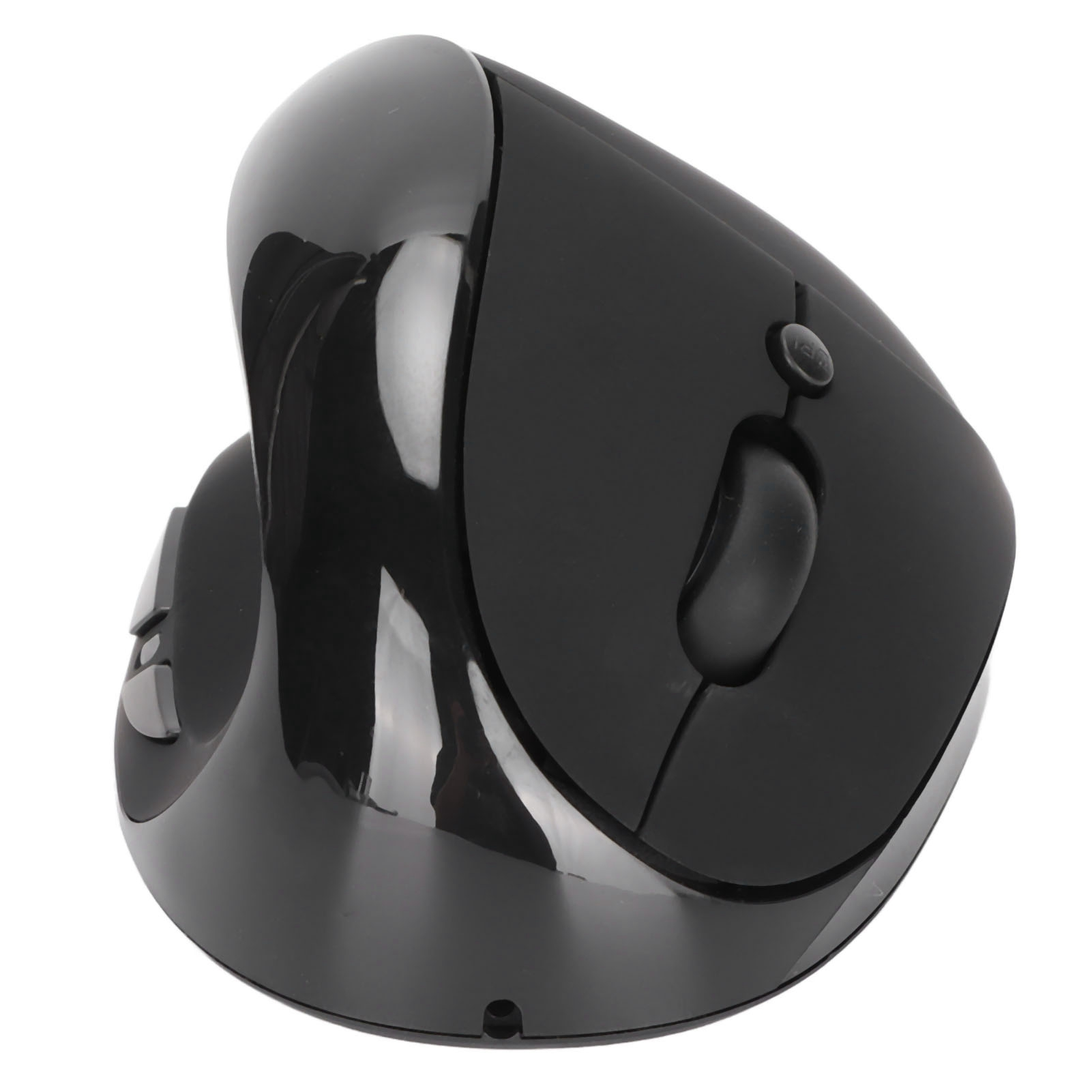 Eine schwarze, ergonomische, vertikale Maus. Sie hat ein gebogenes Design mit Tasten und einem Scrollrad. Weißer Hintergrund.