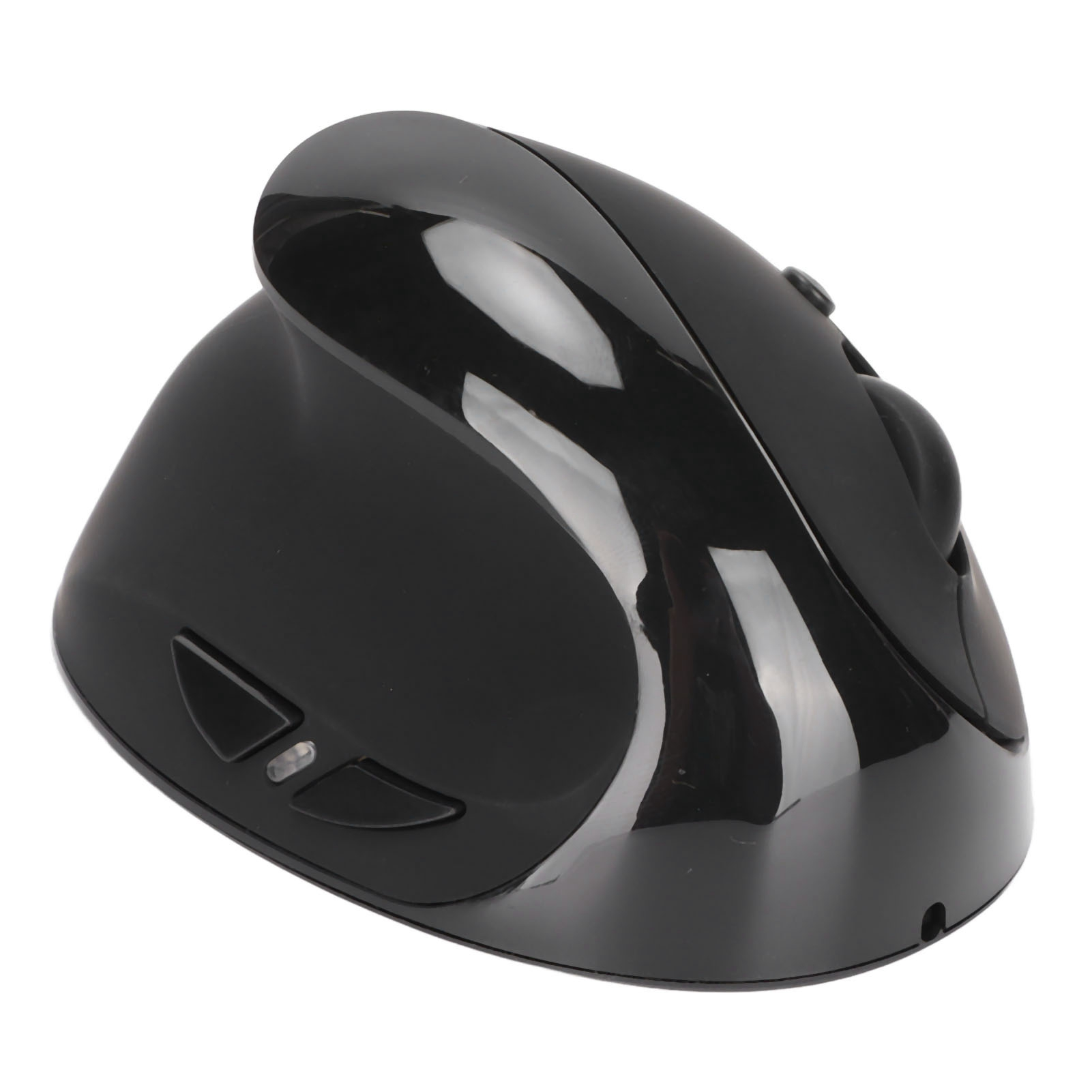Eine schwarze ergonomische Maus für vertikale Nutzung. Sie hat Tasten und ein Scrollrad. Die Oberfläche ist glänzend.