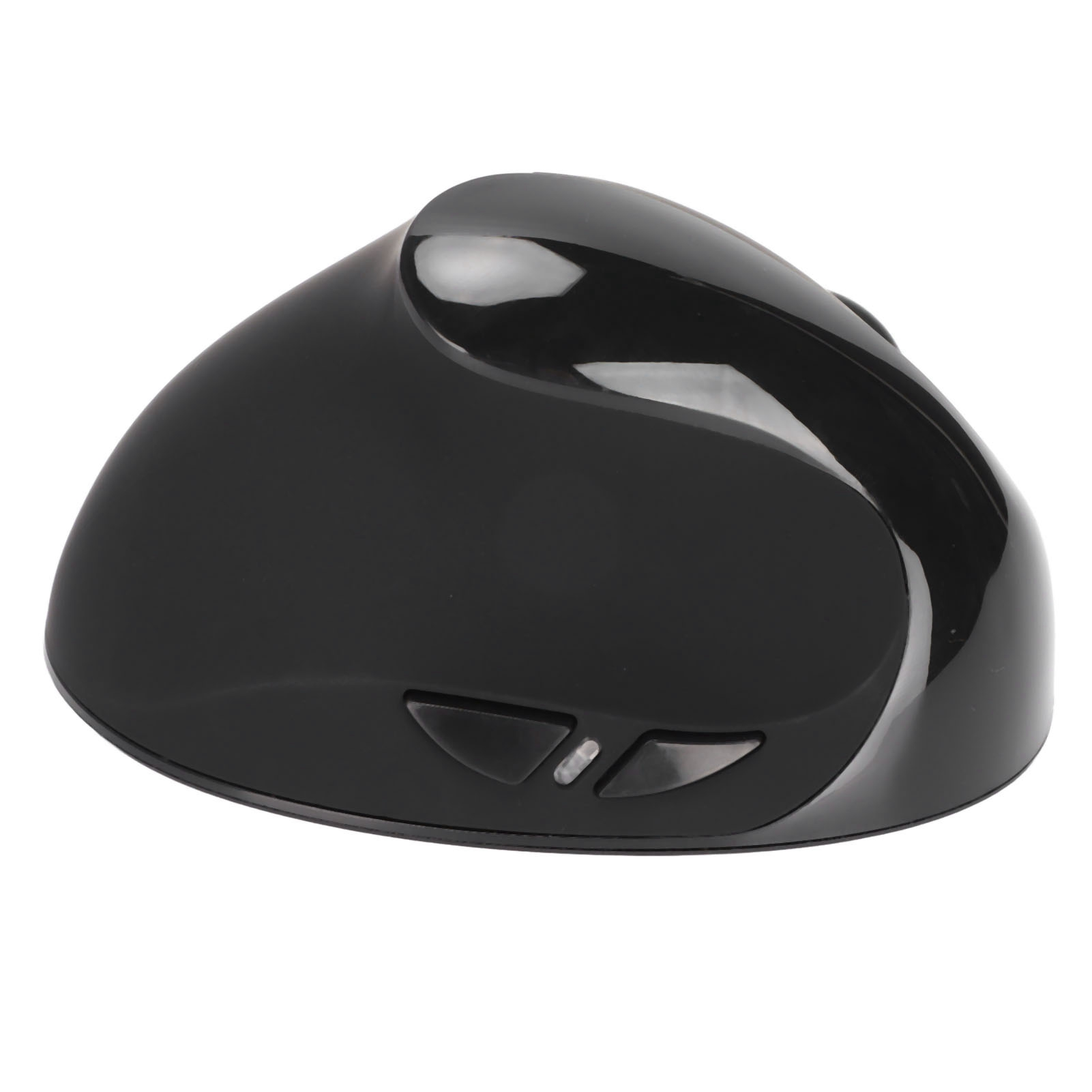 Eine schwarze ergonomische vertikale Maus. Sie hat zwei Tasten und ein Scrollrad. Der Hintergrund ist weiß.