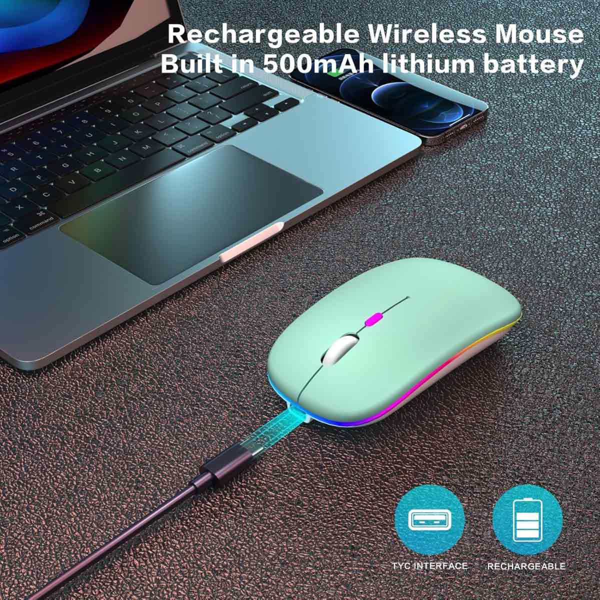Eine kabellose Maus ist mit einem Laptop verbunden. Auf dem Laptop befindet sich ein Telefon. Die Maus ist grün und lädt sich auf. Text sagt 'Rechargeable Wireless Mouse'.