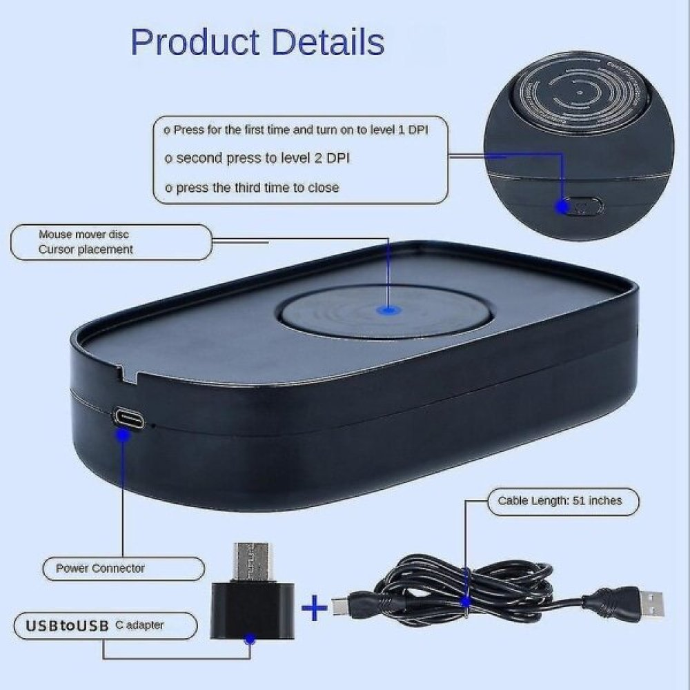 Ein schwarzes Gerät mit USB-C-Adapter und Kabel. Details umfassen DPI-Einstellungen, Stromanschluss und Kabellänge.