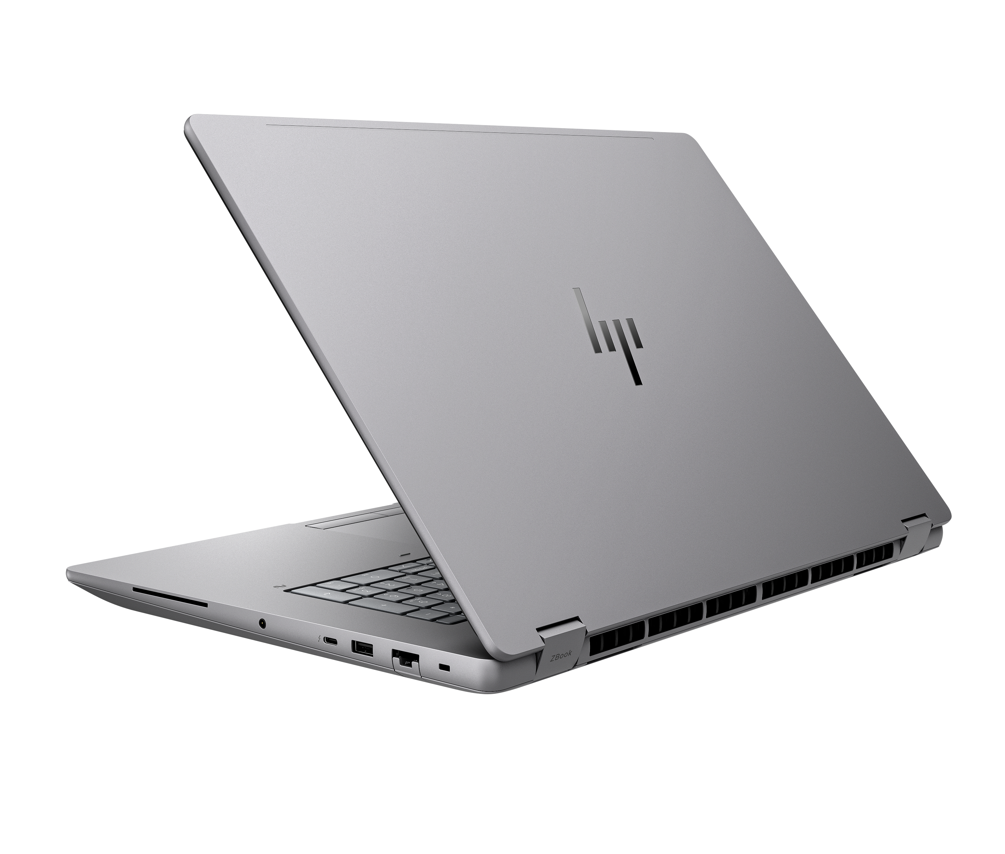 Un laptop argentato è aperto su sfondo bianco. Il logo HP è visibile sul coperchio. Lo schermo è leggermente aperto.