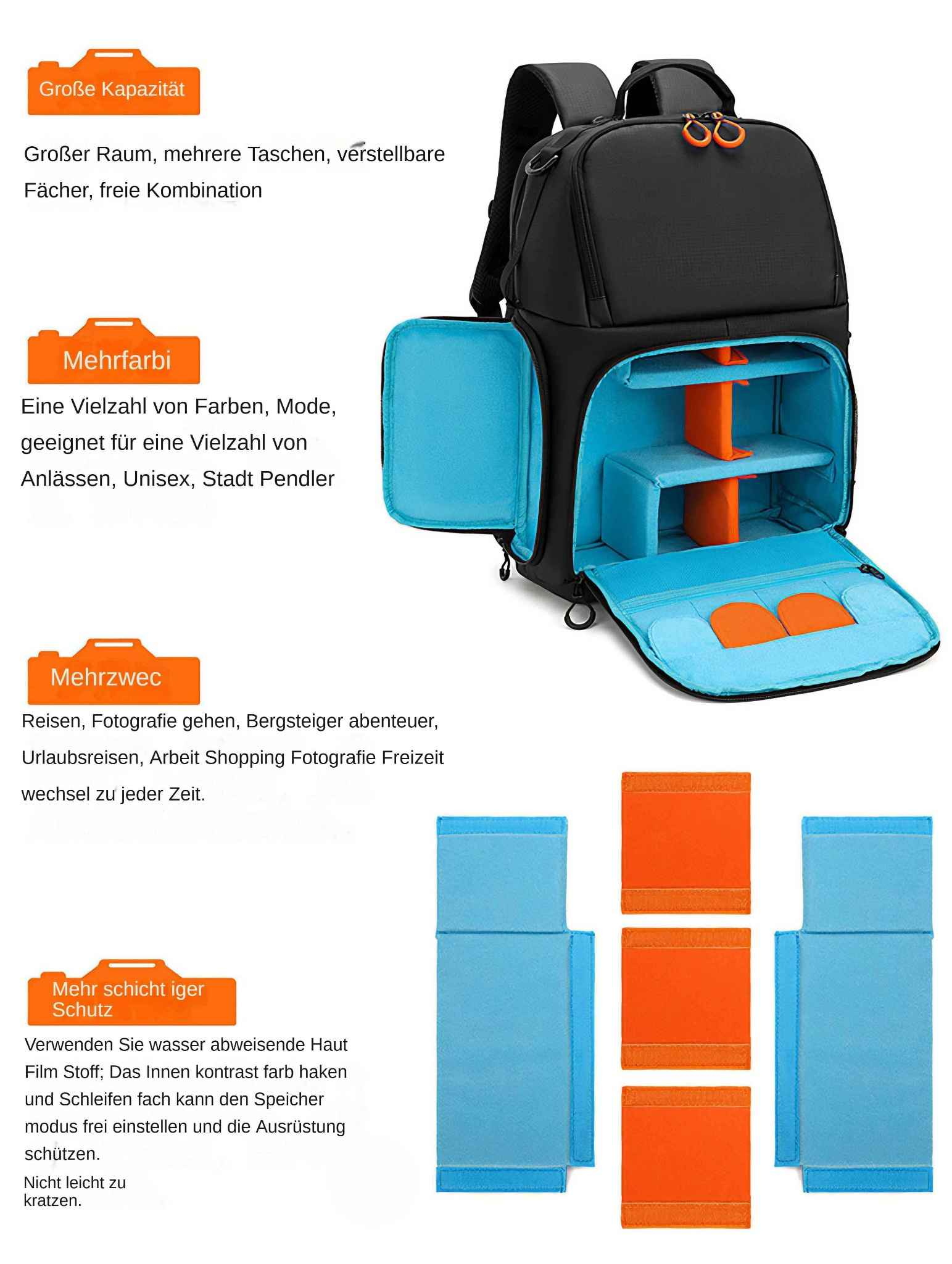 Schwarze Kameratasche mit blauem Innenraum und orangenen Trennwänden. Text auf Deutsch beschreibt Eigenschaften wie Kapazität und Farben.