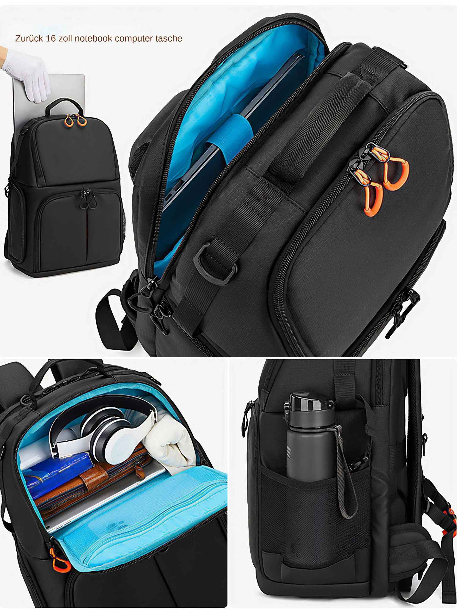 Schwarzer Rucksack mit mehreren Fächern. Er enthält einen Laptop, Kopfhörer, eine Wasserflasche und andere Gegenstände. Reißverschlüsse und orangefarbene Akzente sind sichtbar.