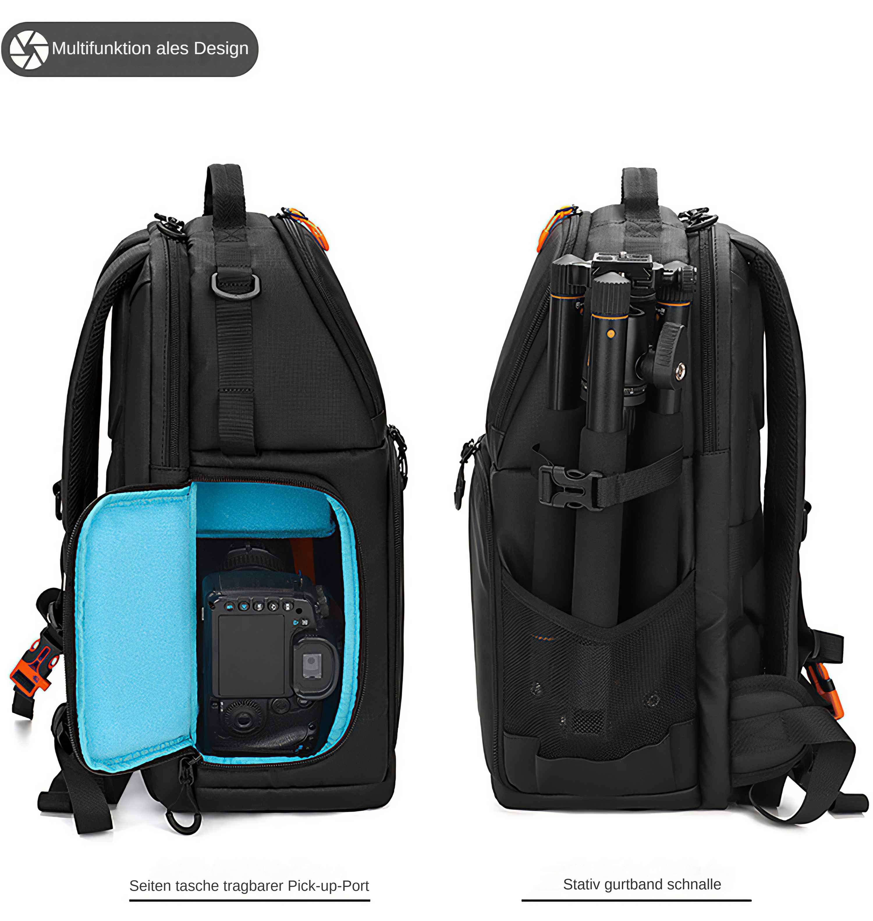 Eine schwarze Kameratasche mit einer DSLR. Sie hat einen Stativhalter. Text sagt 'Multifunktion ales Design'.