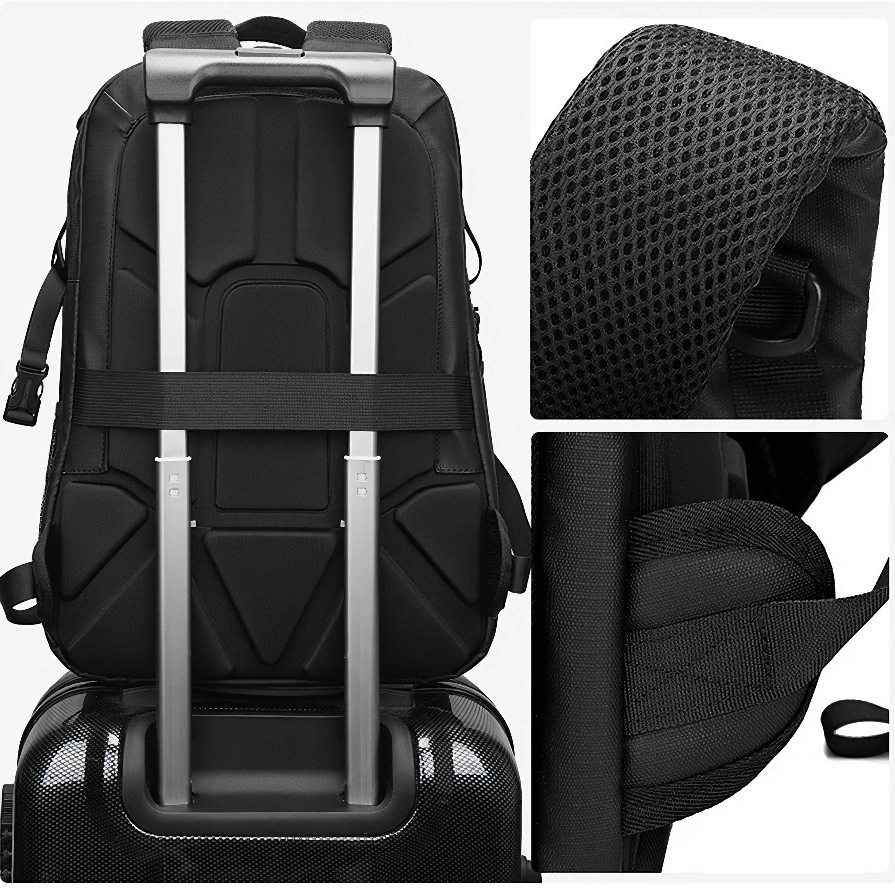 Schwarzer Rucksack mit silbernem Griff auf einem Koffer. Nahaufnahmen von Rücken, Mesh-Polsterung und Riemendetails.