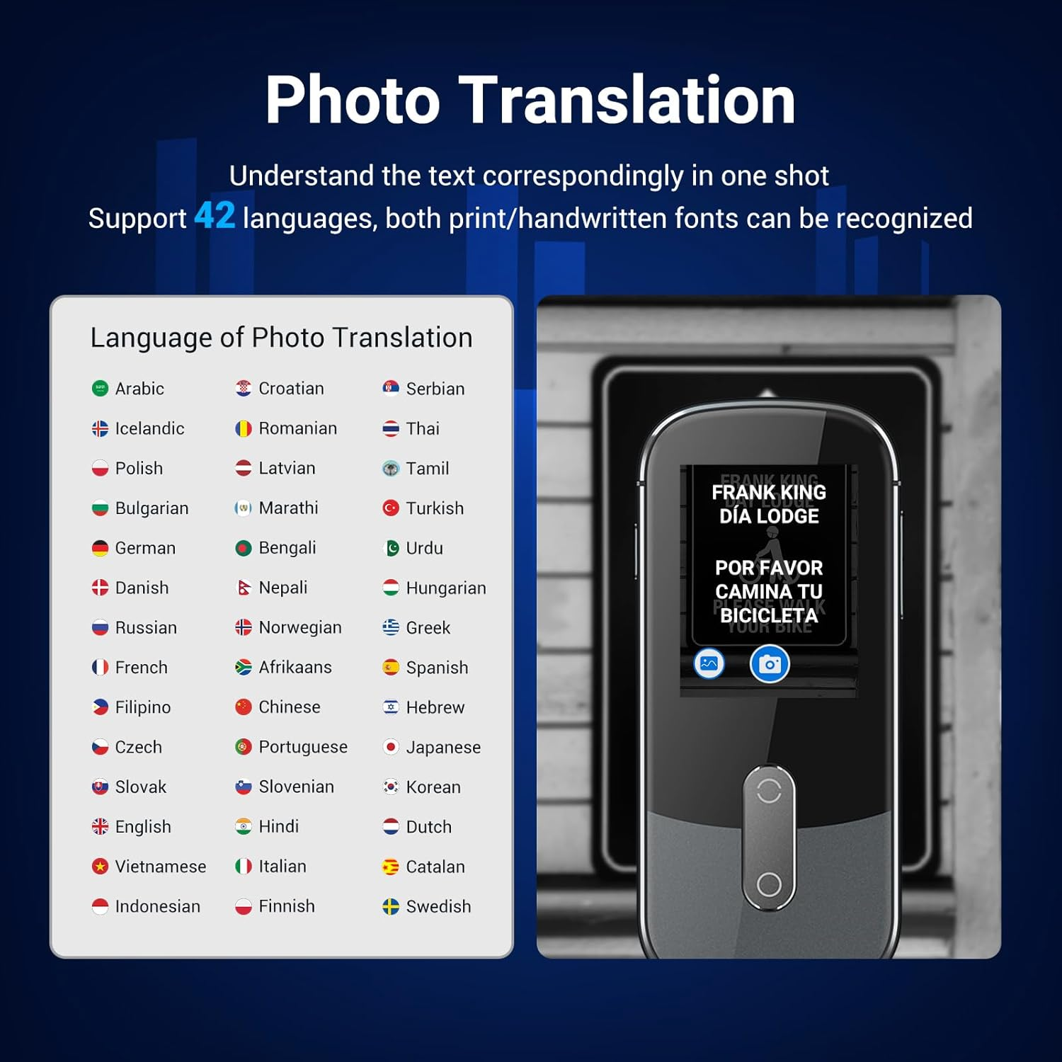 Das Bild zeigt ein Übersetzungsgerät, das Text anzeigt. Listen mit Sprachen werden angezeigt. Text sagt 'Photo Translation' und 'Support 42 languages'.