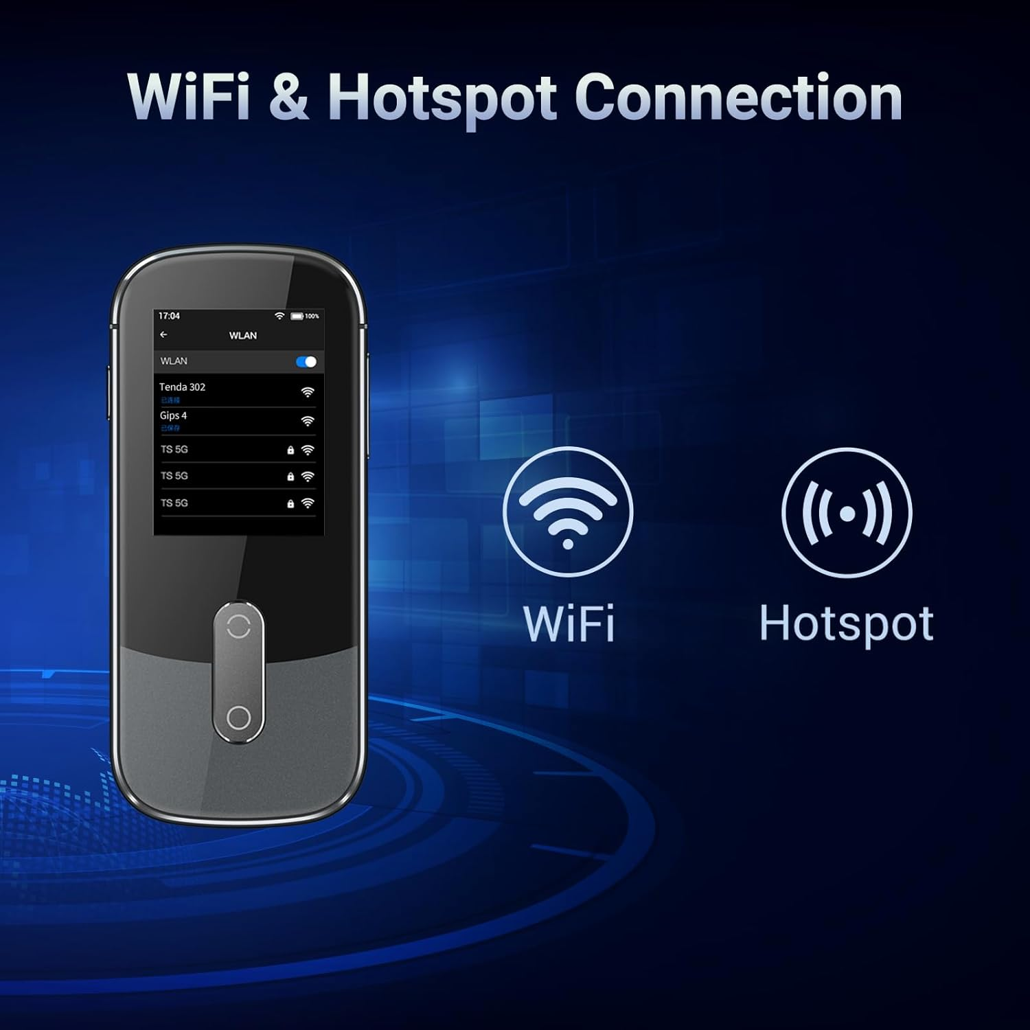 Ein Gerät zeigt WLAN-Verbindungen. WLAN- und Hotspot-Symbole sind vorhanden. Der Bildschirm zeigt eine Liste der verfügbaren Netzwerke.