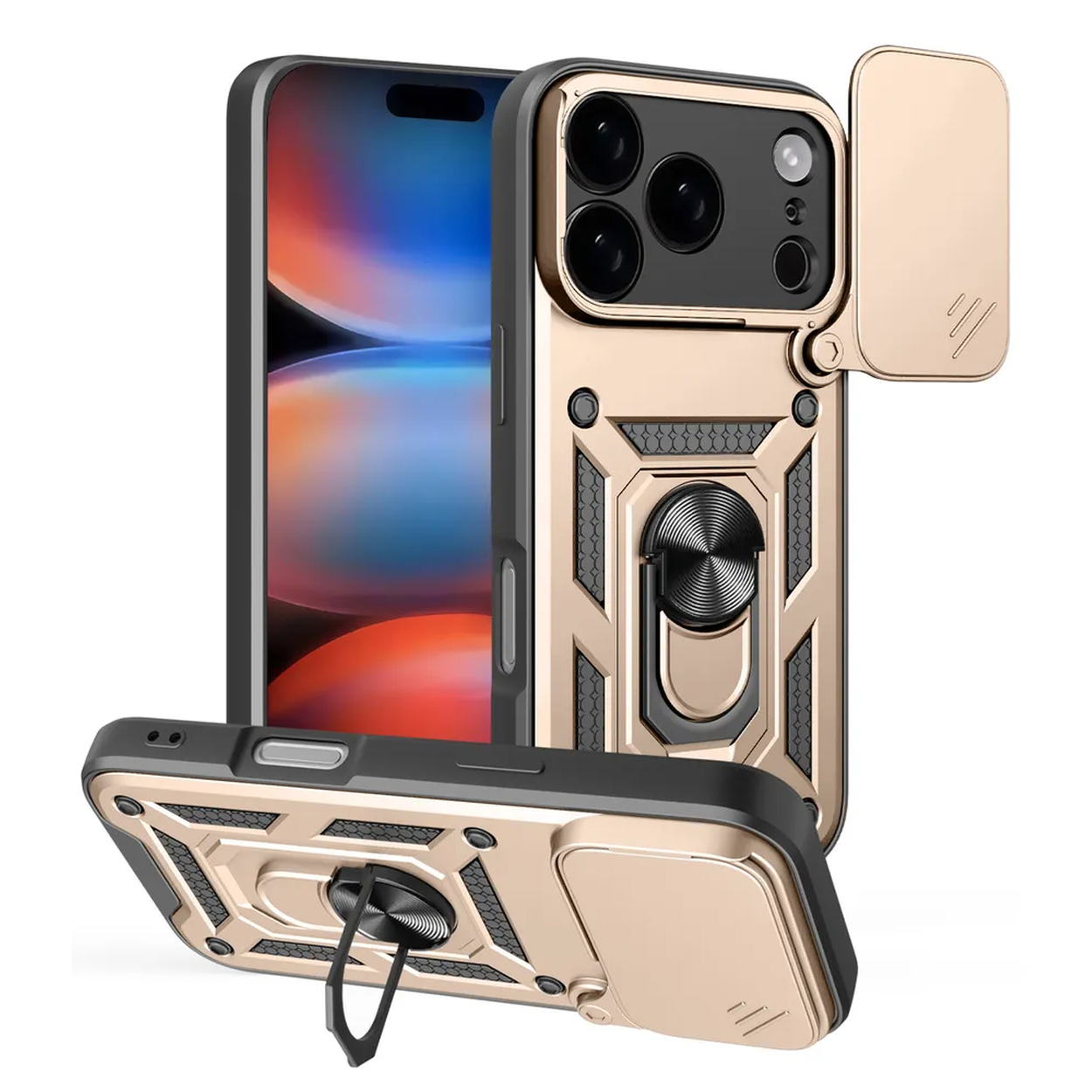 Drie gouden telefoonhoesjes met een zwarte telefoon. Elke hoes heeft een ring en een cameralensafdekking. De hoesjes staan op een witte achtergrond.