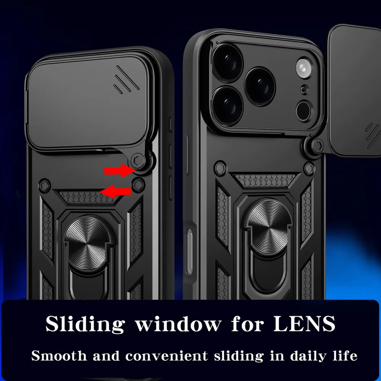 Étuis de téléphone noirs avec cache objectif coulissant. Texte : "Sliding window for LENS". Flèches indiquant comment faire glisser le cache.