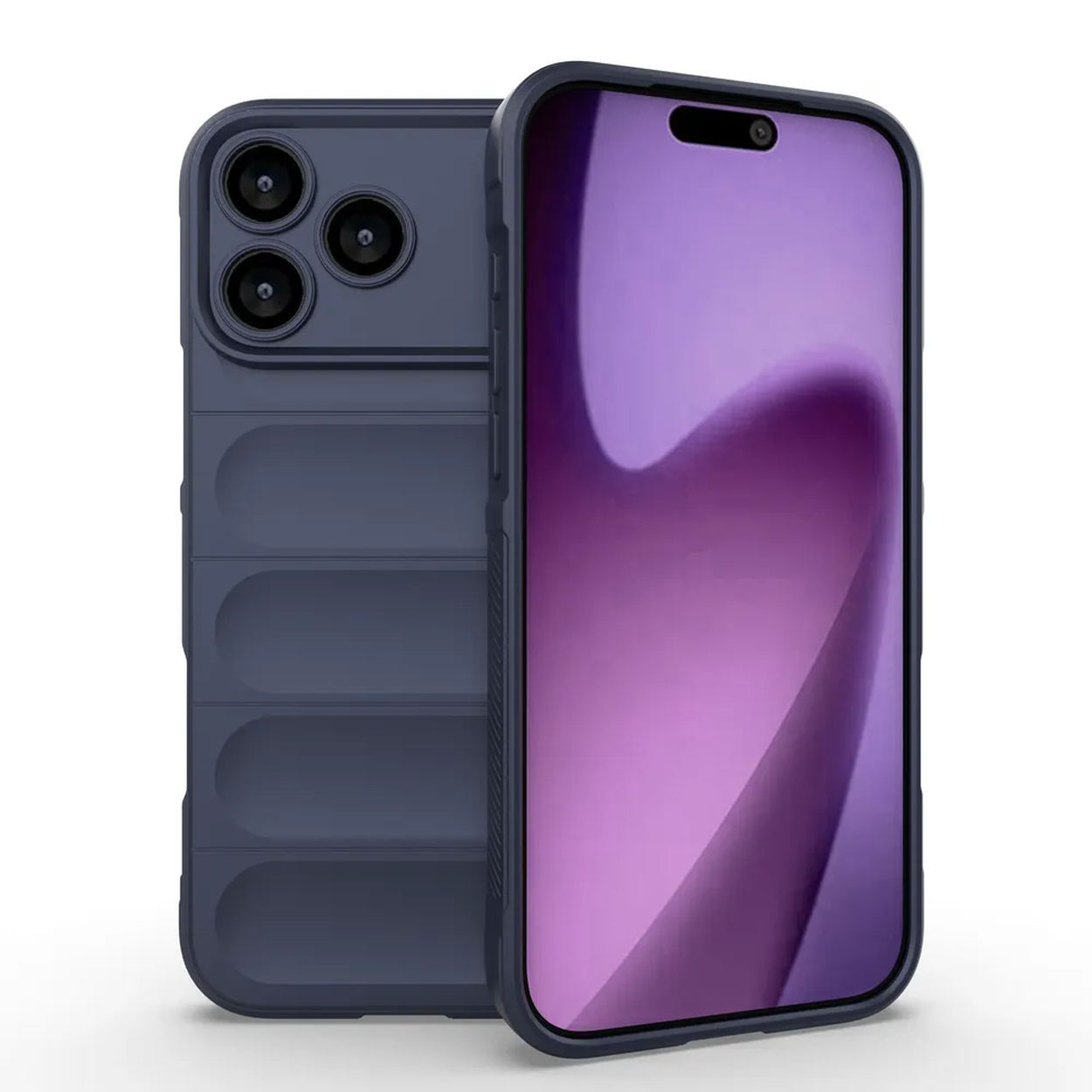 Twee donkerblauwe smartphones, een vooraan met een paars scherm. De telefoon aan de achterkant heeft een camerabult. Witte achtergrond.