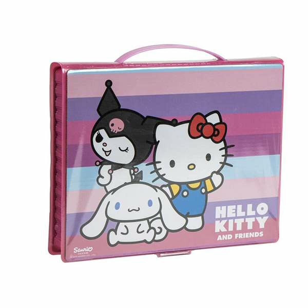 Ein rosa Hello Kitty and Friends-Etui. Es hat Hello Kitty, Kuromi und Cinnamoroll. Das Etui hat einen Griff und einen gestreiften Hintergrund.