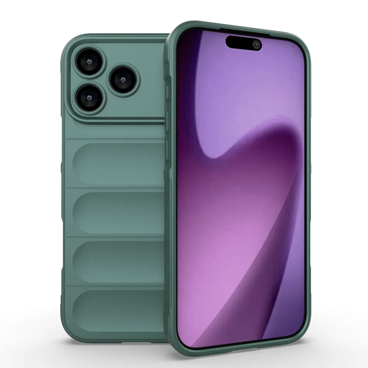 Une coque de téléphone verte avec un écran violet. La coque a un dos texturé et des découpes pour l'appareil photo. L'écran affiche un dégradé violet.