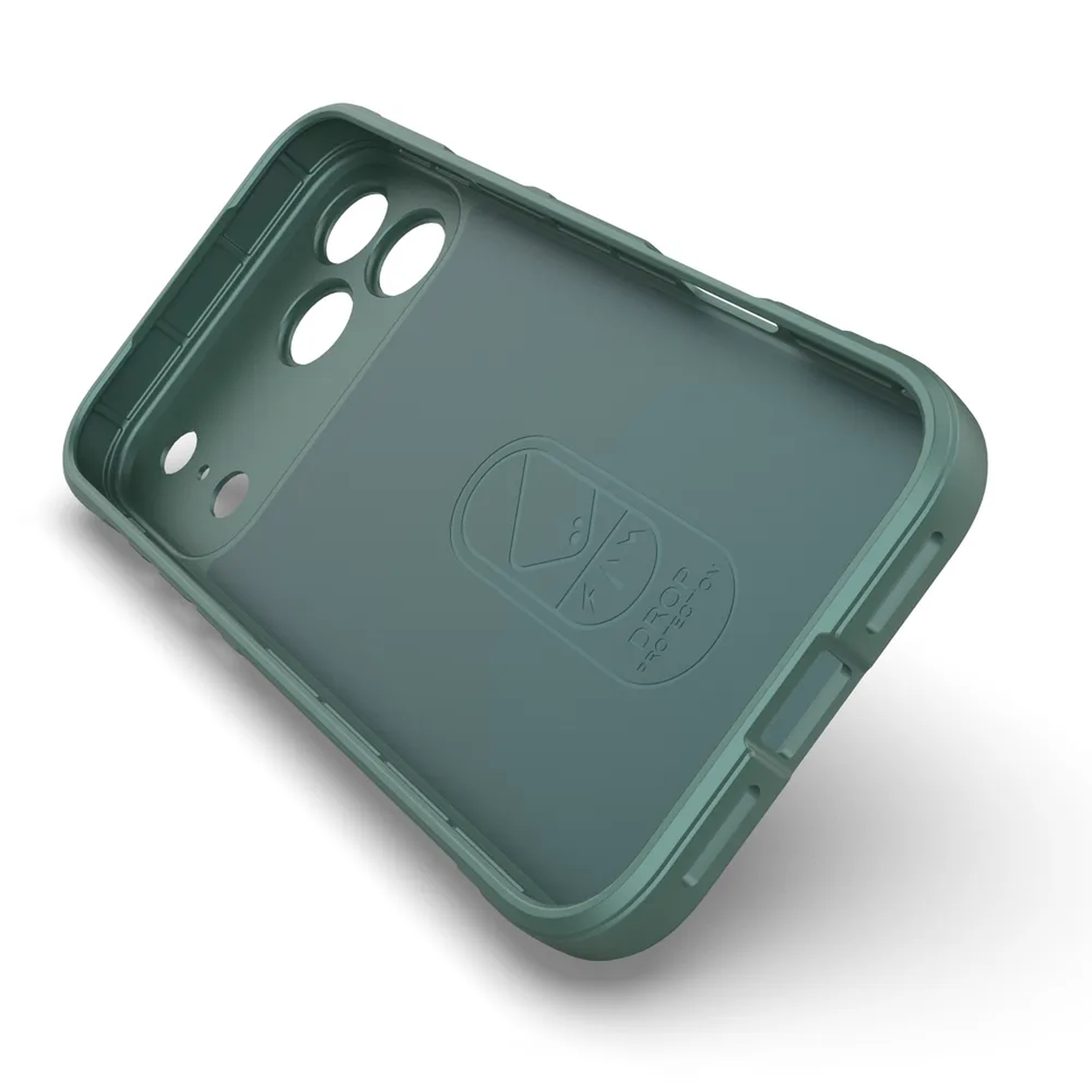Un étui de téléphone bleu-vert est présenté en biais. L'étui comporte des ouvertures pour l'appareil photo et les boutons. L'intérieur porte un logo indiquant 'Drop Protection'.