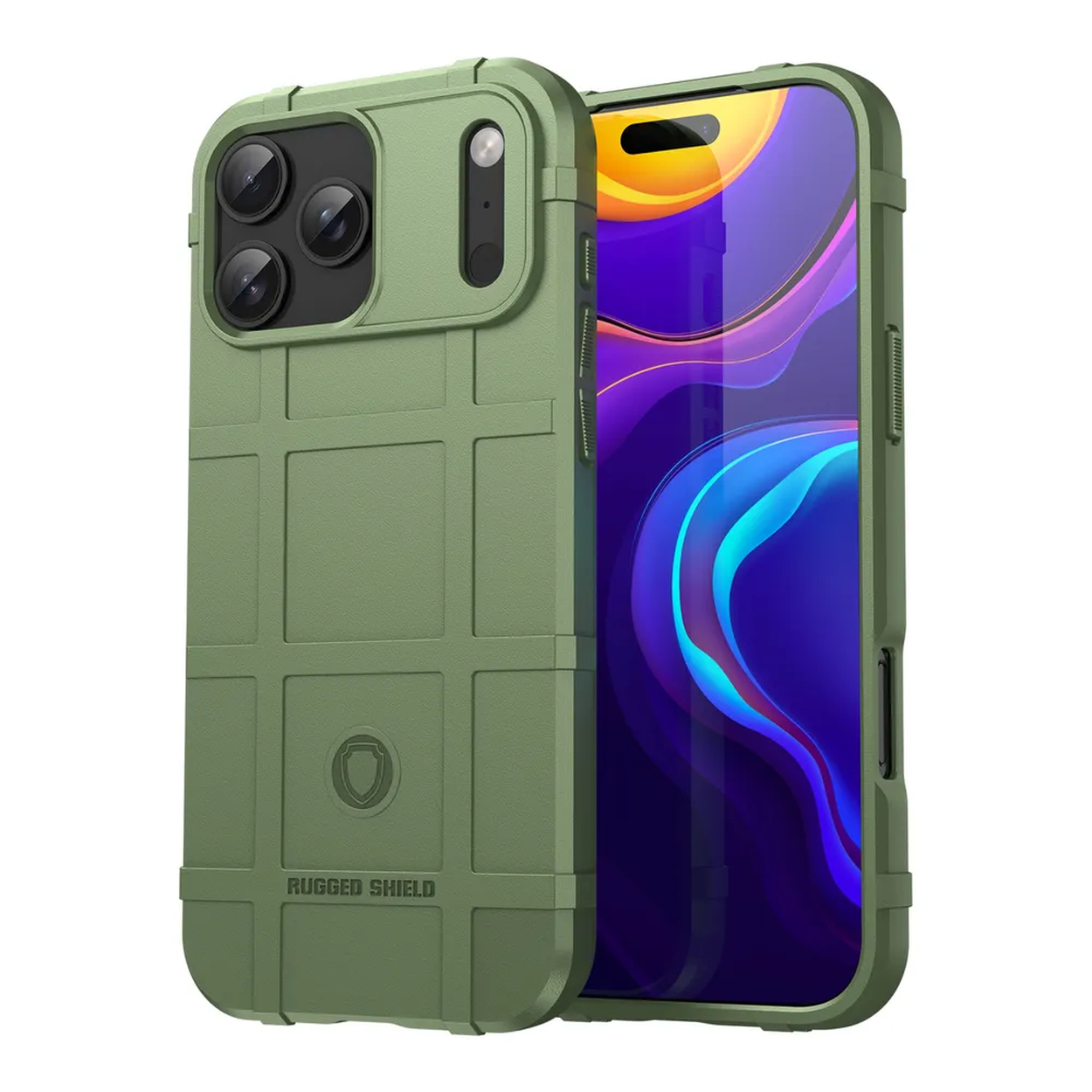 Een olijfgroene telefoonhoes naast een smartphone. De hoes is robuust, met een rasterpatroon en een logo. Het scherm van de telefoon is zichtbaar.
