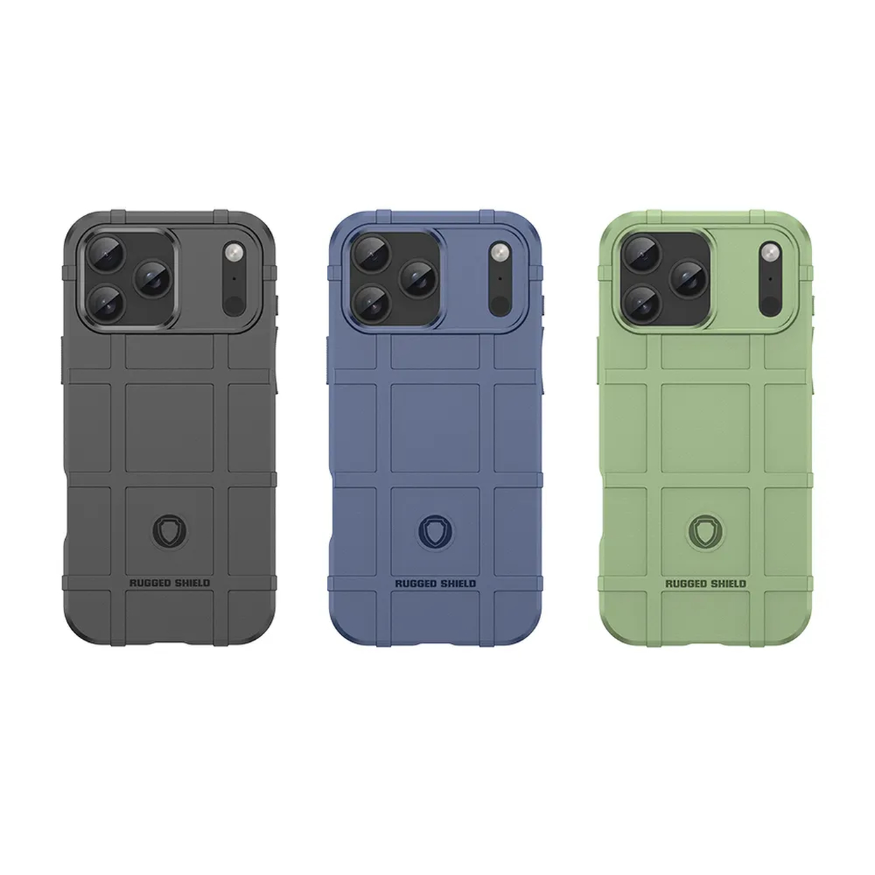 Drie telefoonhoesjes: grijs, blauw en groen. Elk heeft een camera-uitsparing, een getextureerde achterkant en 'RUGGED SHIELD'.