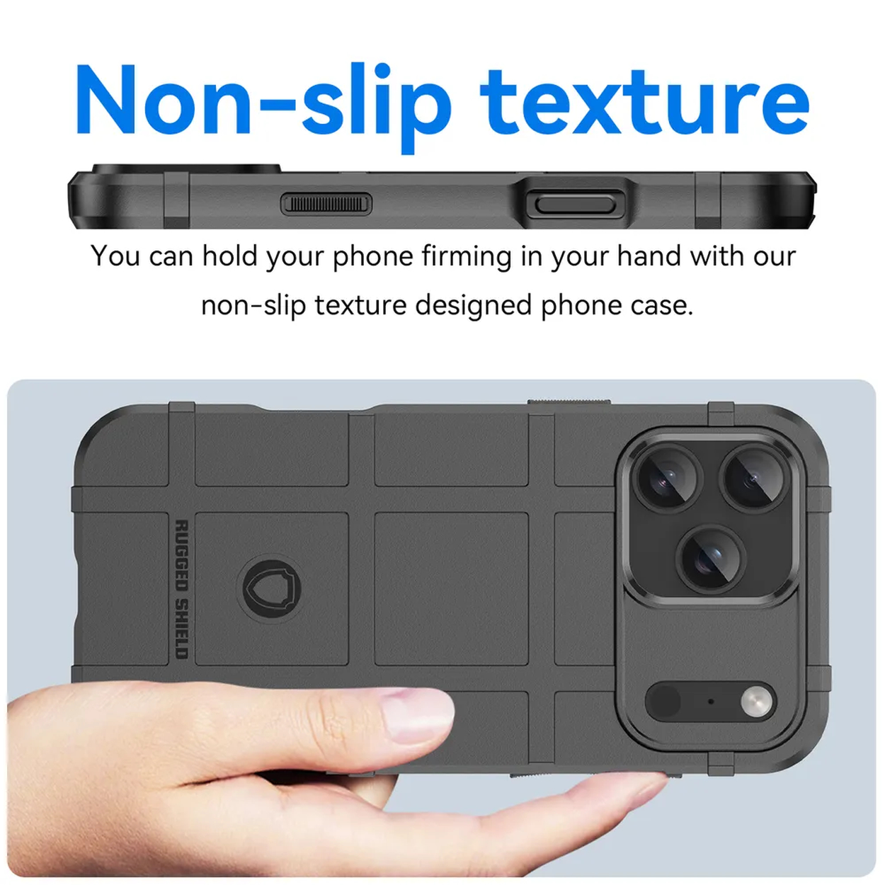 Een hand houdt een grijze telefoonhoes vast. De hoes heeft een textuuroppervlak. Tekst erboven zegt 'Non-slip texture'. De achtergrond is wit.