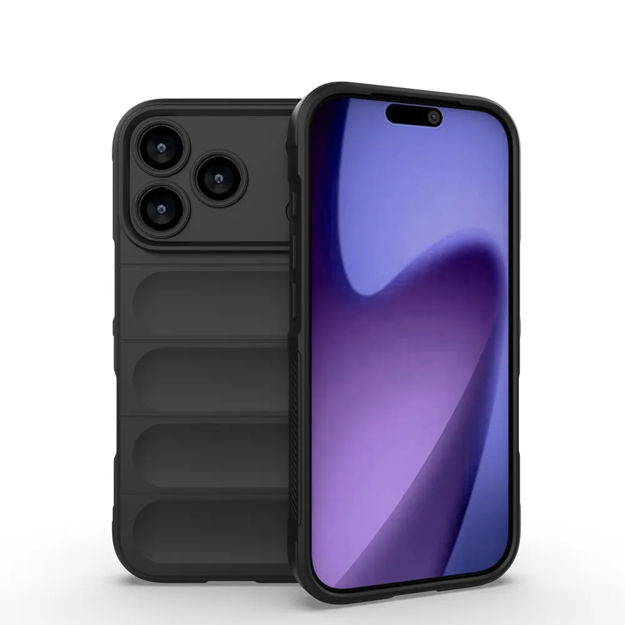 Twee smartphones, één met een zwarte hoes en de andere met een scherm met een paarse en witte golf. De achtergrond is wit.