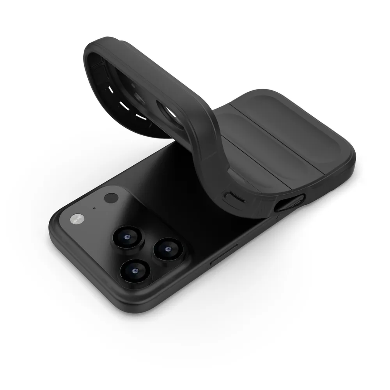 Een zwarte telefoon met een zwarte hoes ligt op een wit oppervlak. De hoes is gedeeltelijk open. De telefoon heeft drie cameralenzen.