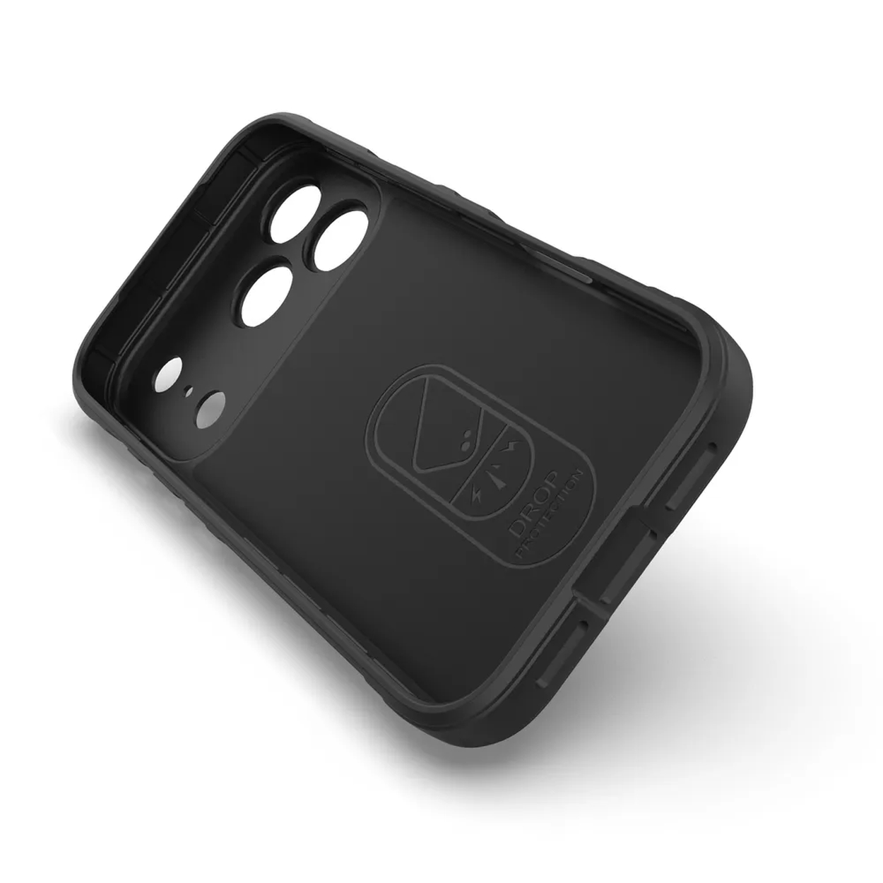Een zwarte telefoonhoes met camera-uitsparingen en een valbeschermingslogo. Het staat op een witte achtergrond en is omhoog gekanteld.