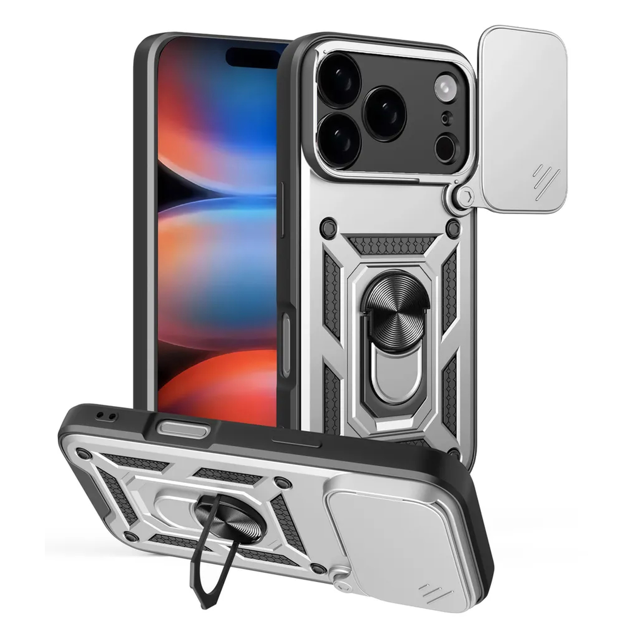 Een zilveren en zwarte telefoonhoes met een ringhouder en camerahoes, weergegeven met een telefoon op een witte achtergrond.