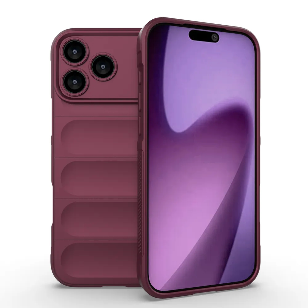 Deux smartphones bordeaux. L'un affiche un écran violet, l'autre une bosse de caméra. Les deux ont des étuis de protection.