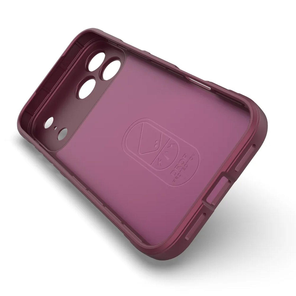 Coque de téléphone bordeaux, en angle, montrant l'intérieur. Elle a des découpes pour la caméra et les boutons, et un logo Drop Protection. Le fond est blanc.