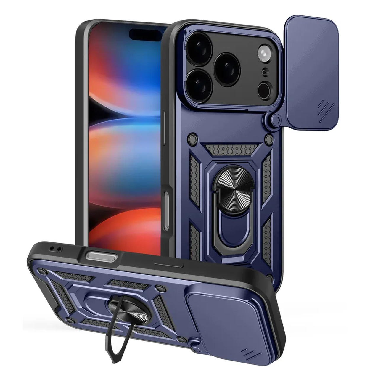 Une coque de téléphone bleue avec un support de bague, un cache caméra et un écran de téléphone. Le boîtier est sur fond blanc.