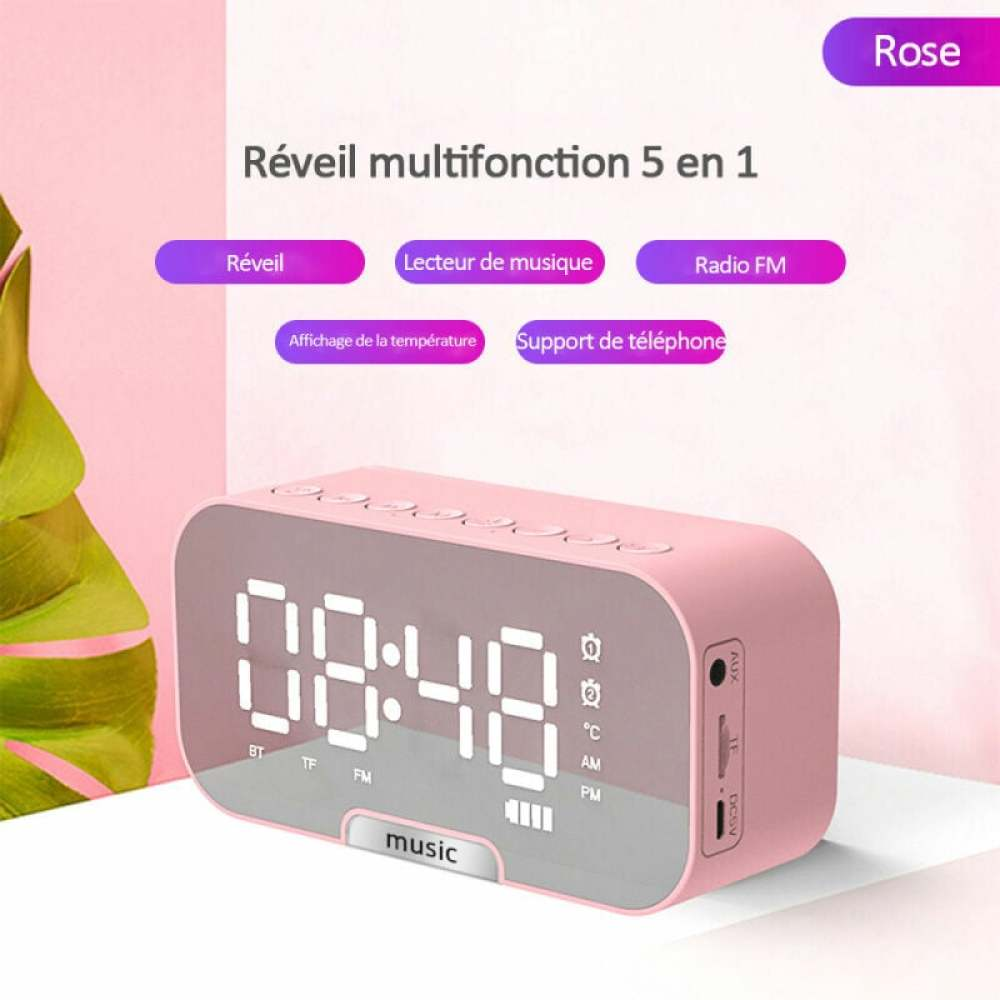 Pinker digitaler Wecker mit Anzeige 08:48, Funktionen: Musikplayer, FM-Radio und Telefonunterstützung.