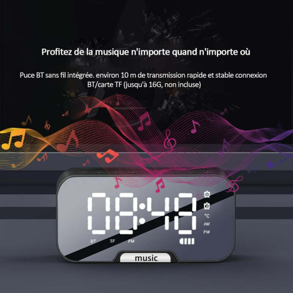 Eine Digitaluhr zeigt 08:48 an. Musiknoten schweben darüber, der Hintergrund ist dunkel mit Text über BT und Musik.