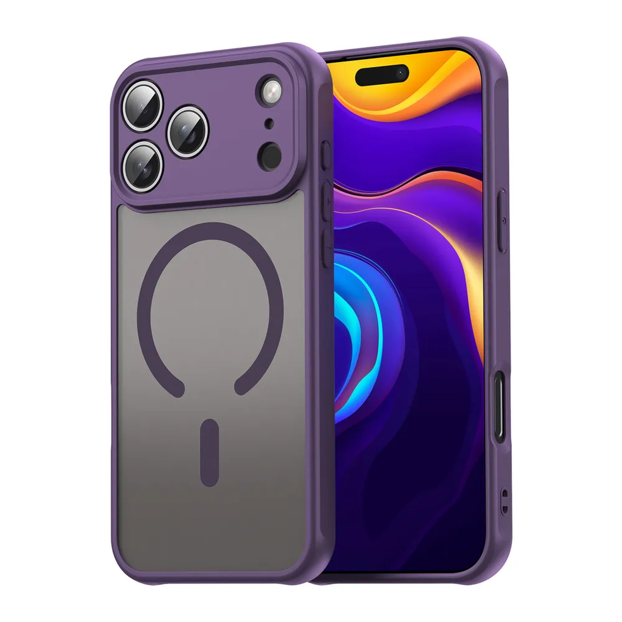 Paarse telefoonhoes met magnetische ring en camera-uitsparingen, naast een telefoon met een kleurrijke, abstracte achtergrond.