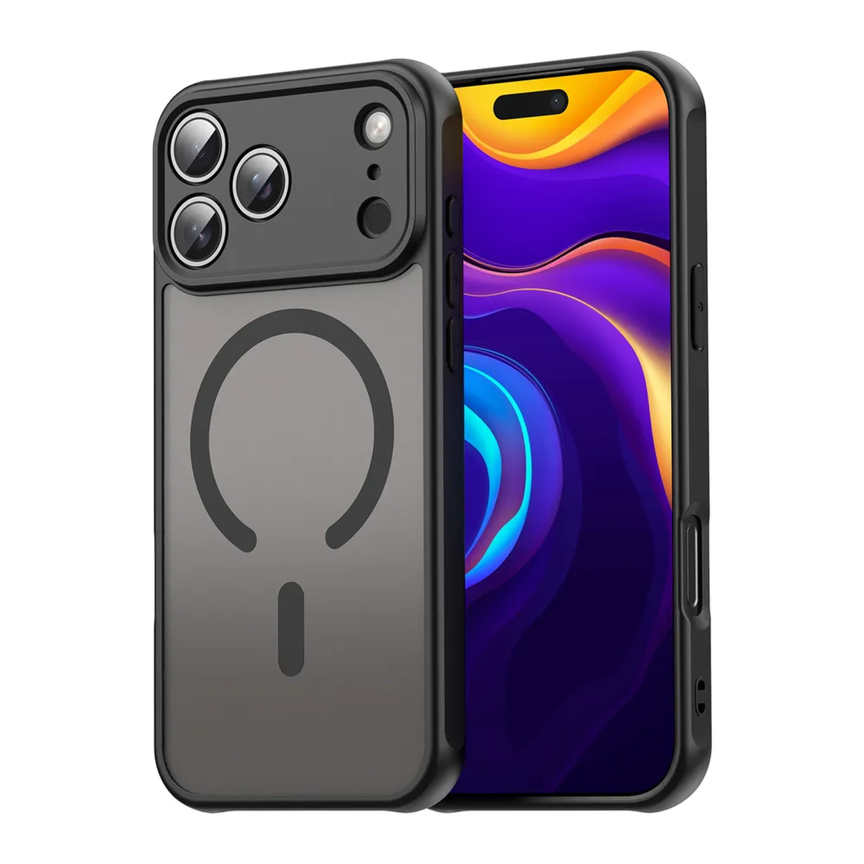 Een zwarte telefoonhoes met een magnetische ring en een telefoon met een paars en geel scherm. De hoes ligt naast de telefoon.