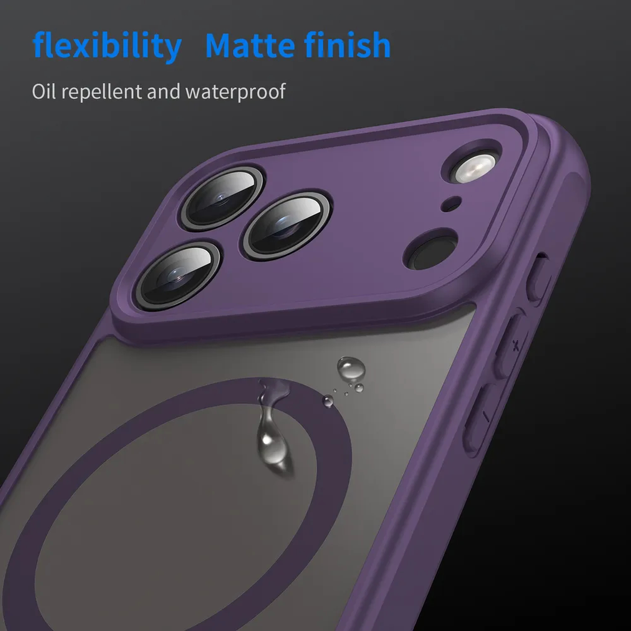 Paarse telefoonhoes met drie cameralenzen, een transparante achterkant en waterdruppels. Tekst: 'flexibiliteit' en 'Matte afwerking'.