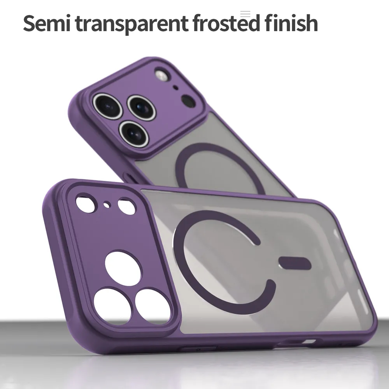 Twee paarse telefoonhoesjes met transparante achterkanten zijn op elkaar gestapeld. De ene ligt boven de andere. De semi-transparante achterkanten hebben een matte afwerking.