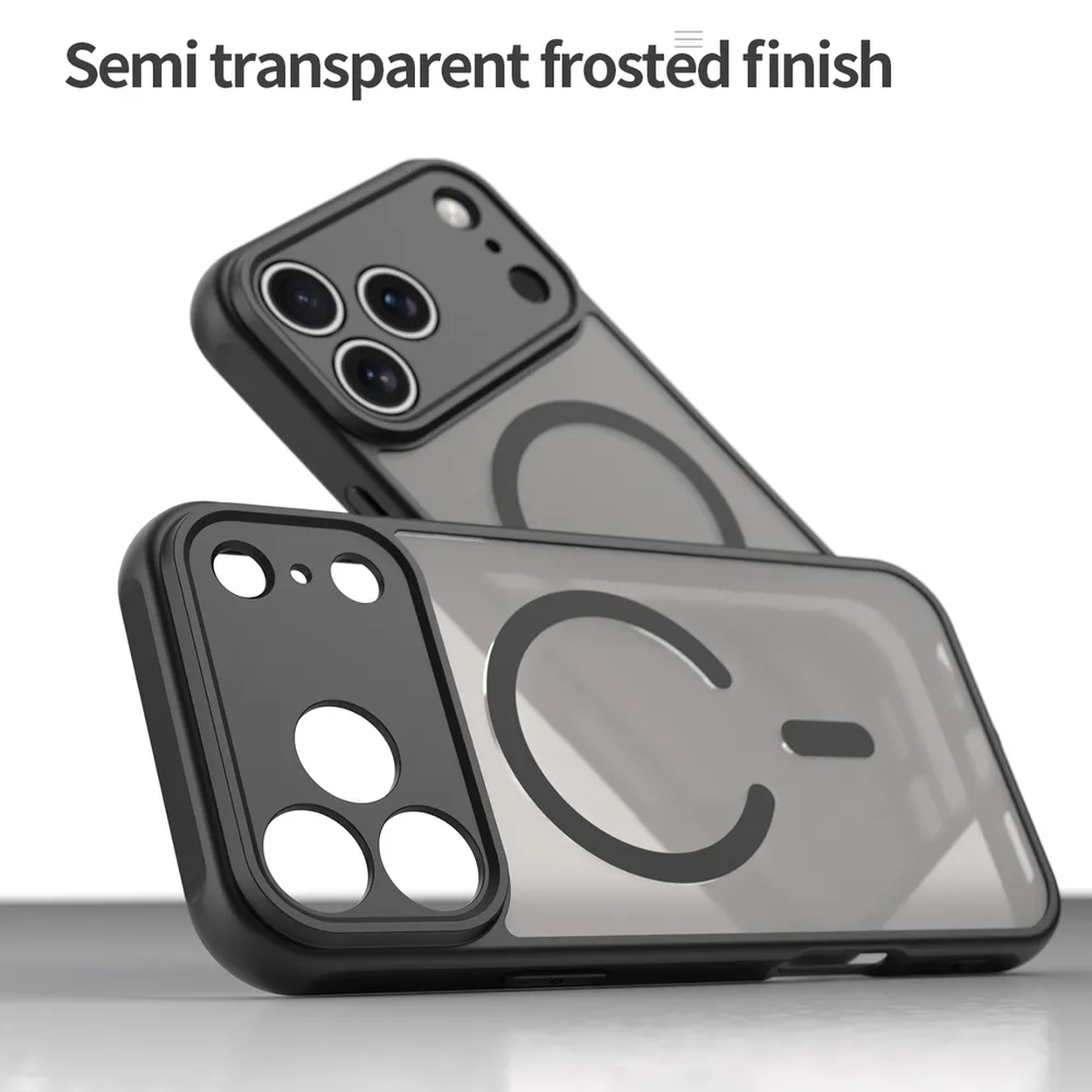 Twee semi-transparante telefoonhoesjes. Eén ligt bovenop de ander. De bovenste hoes heeft een camera-uitsparing en de onderste een cirkelvormig ontwerp.