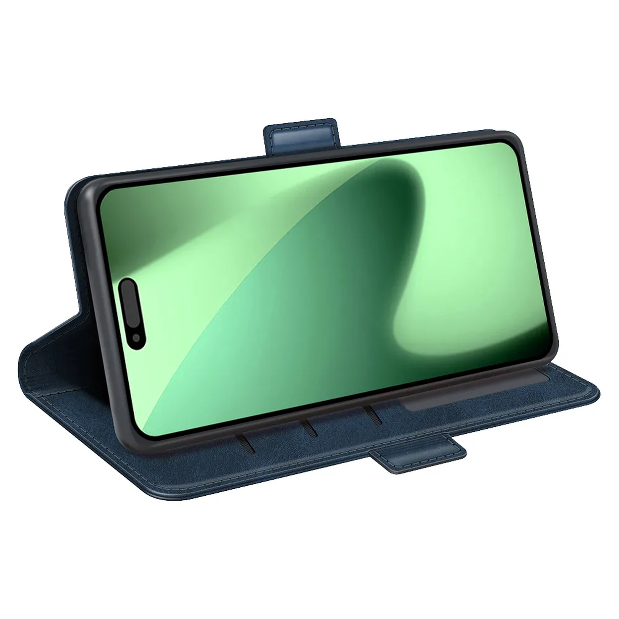 Een smartphone in een blauwe portemonnee-hoes. Het scherm toont een groene gradiënt. De hoes is open, met een sluiting en standfunctie.